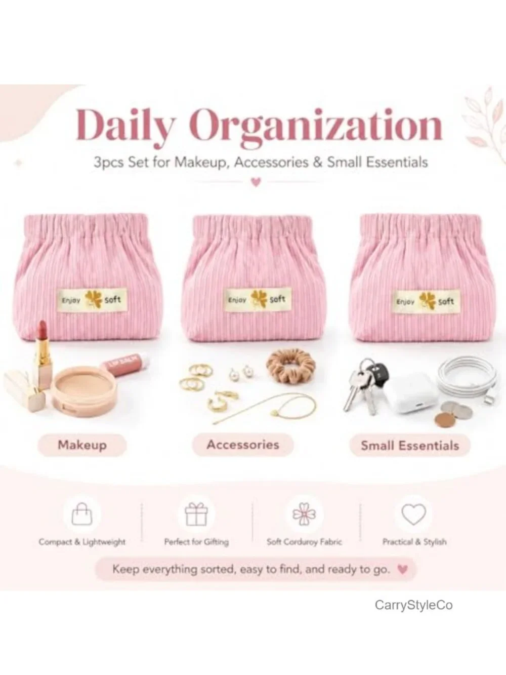 3pcs Corduroy Makeup Bags Set, Travel Cosmetic Organizers, Soft Pouch for Purse